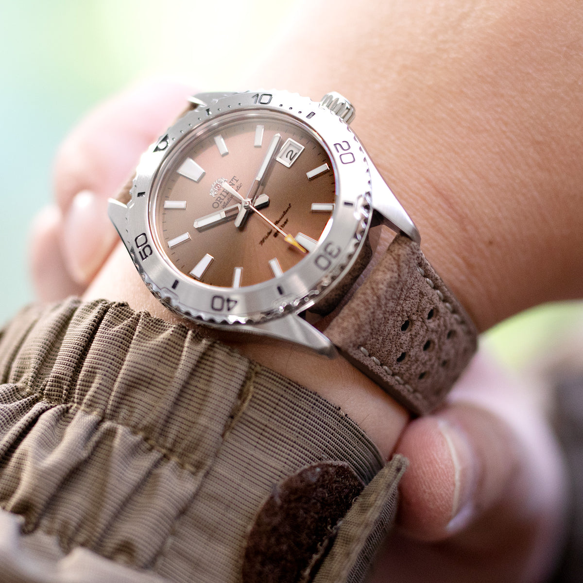 20mm or 22mm MiLTAT Genuine Calf Light Sandy Brown Nubuck Watch Strap, Beige Stitching