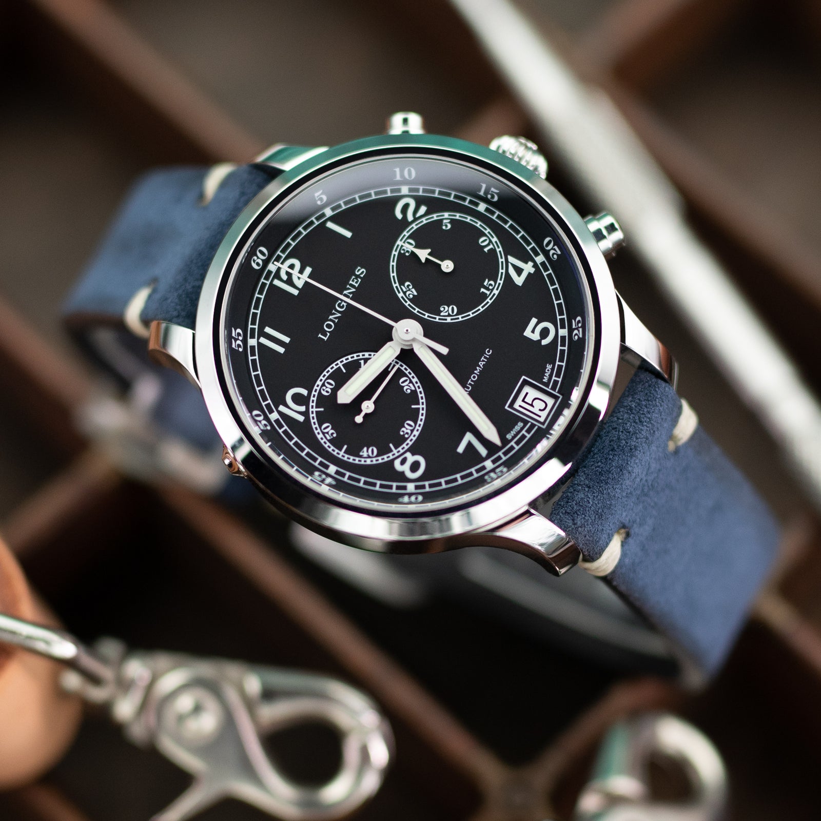 Navy Blue 19mm, 20mm, 21mm, 22mm MiLTAT Quick Release Nubuck Leather Watch Strap, Beige Stitching, Sandblasted Strapcode Watch Bands