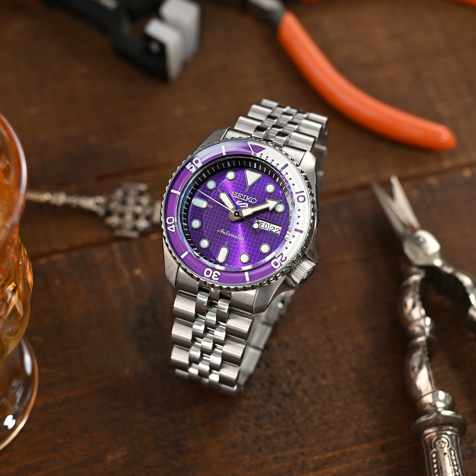 22mm Angus-J Louis 316L Stainless Steel Watch Bracelet for Seiko 5 Brushed V-Clasp Strapcode Watch Bands