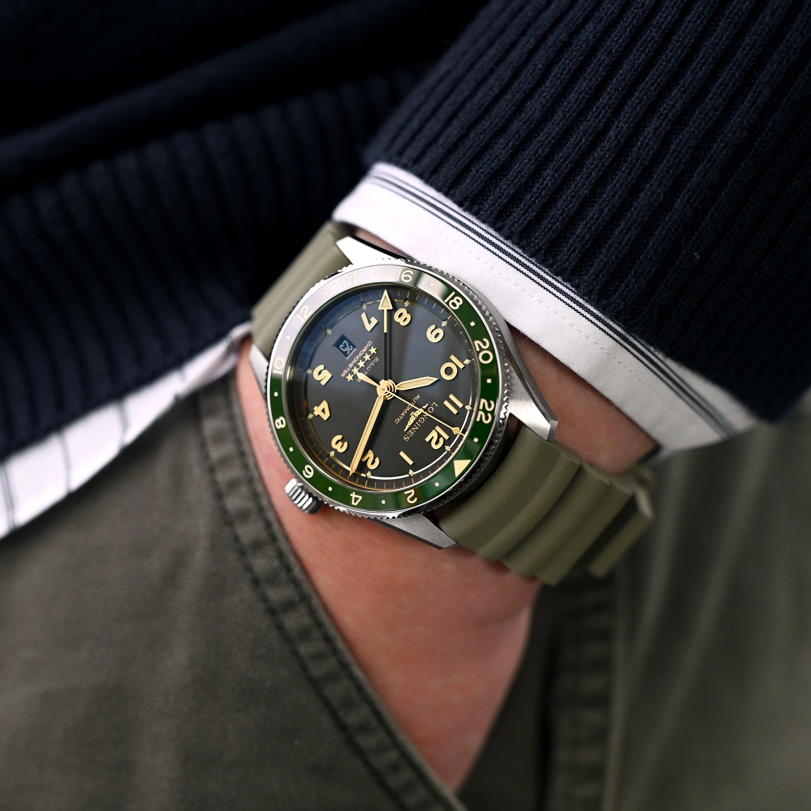 Q.R. Cinturino Orologio Firewave Resilient in gomma FKM, estremità curva, Verde Cenere 22mm