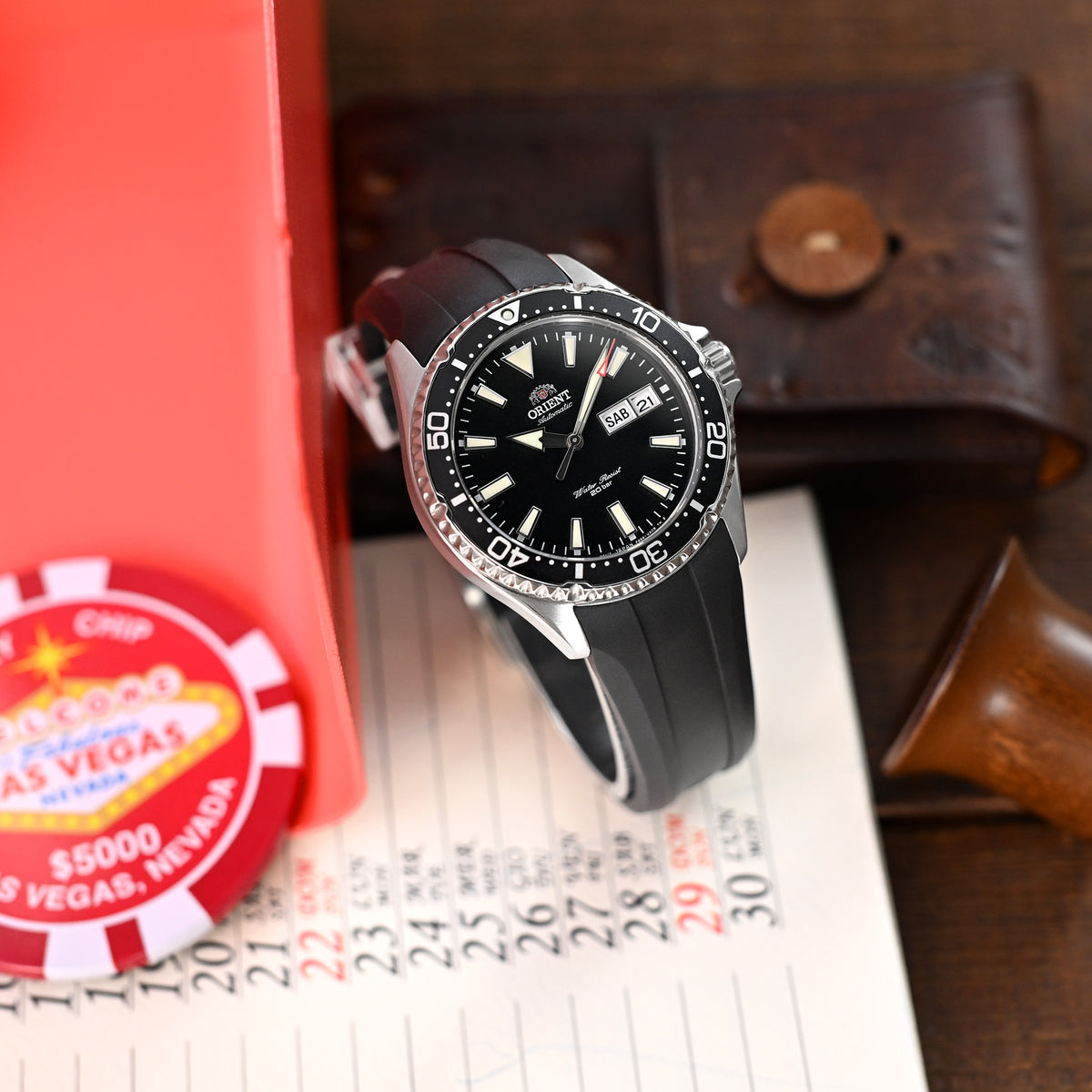 Wheels FKM Watch Band for Orient Kamasu, 22mm Black Rubber Quick Release Curved End