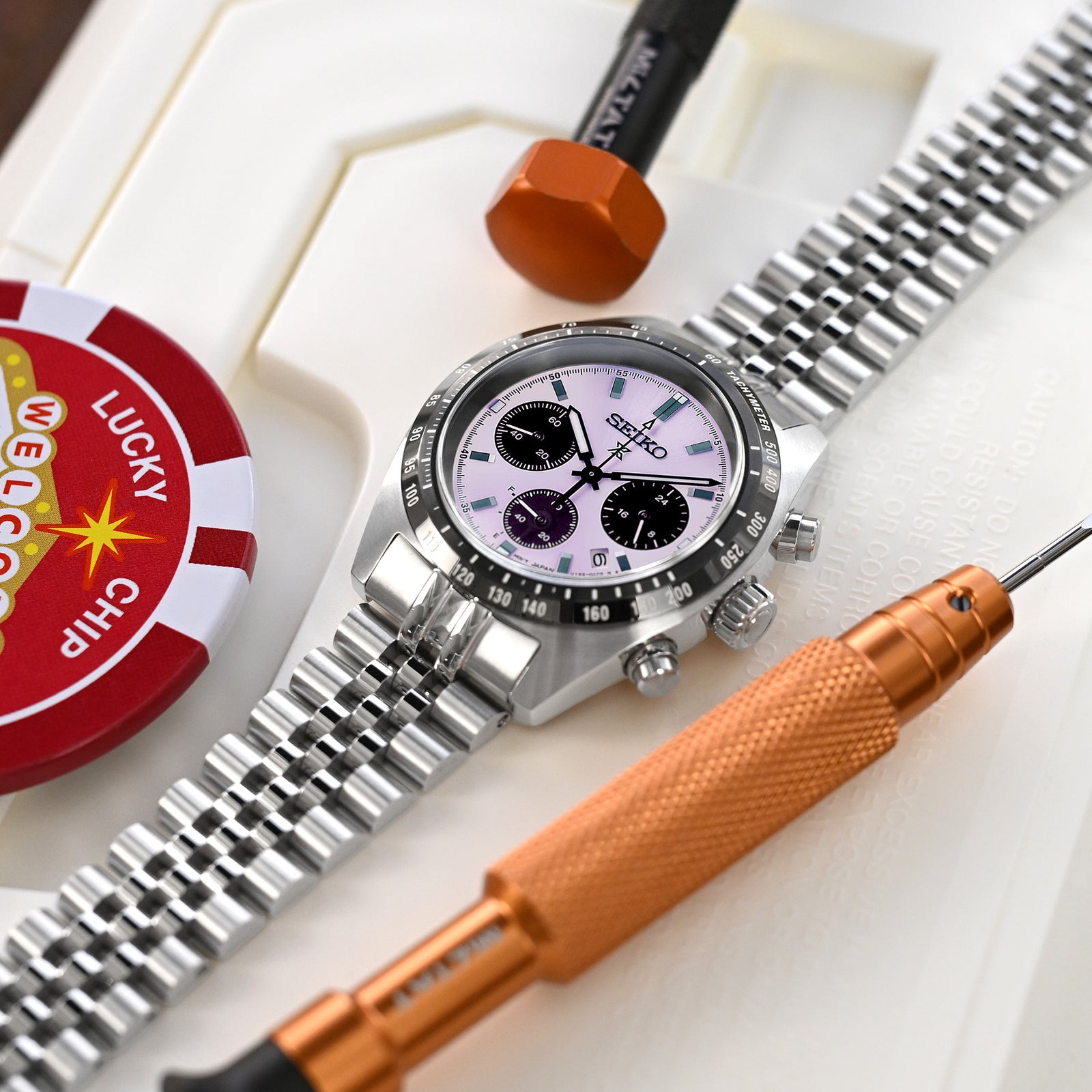 20mm Super-JUB II Watch Band for Seiko Prospex Speedtimer SSC813 SSC815 SSC817, Stainless Steel - Brushed with Polished Center, V Diver Clasp