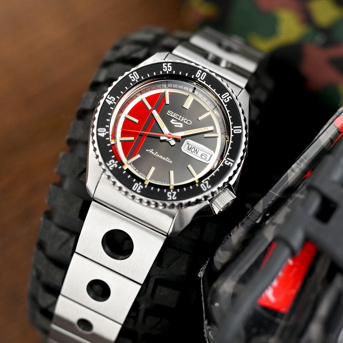 22mm Rollball II Watch Band for Seiko 5 Sports 42.5mm SRPD51 SRPD55 SBSA003, Stainless Steel - Brushed, Baton Diver Clasp