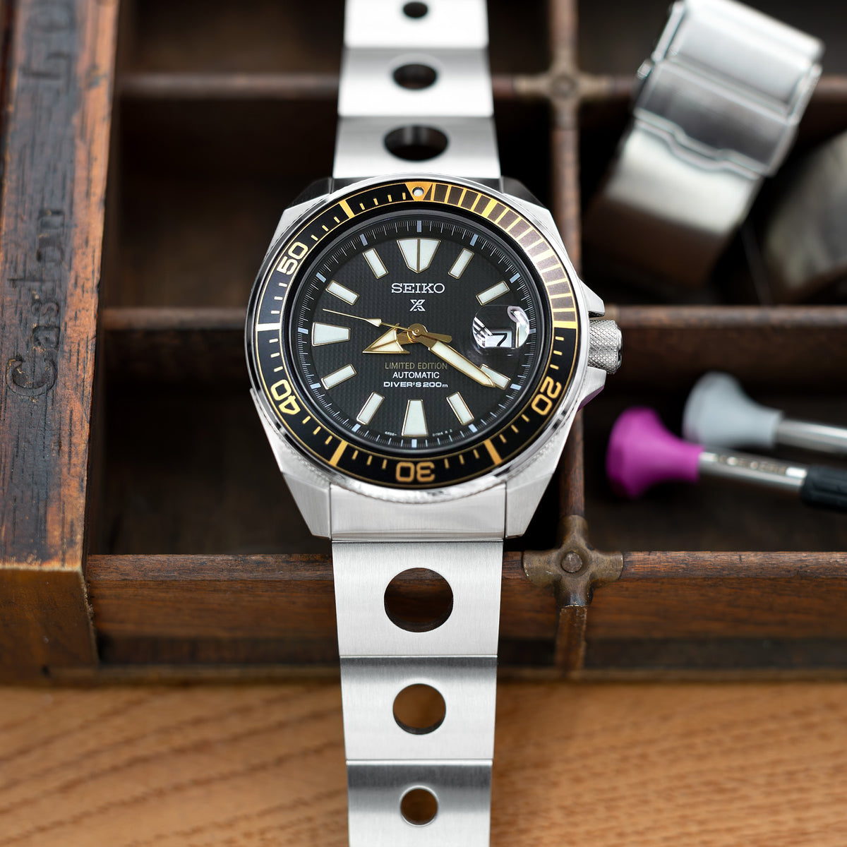 22mm Rollball II Watch Band for Seiko Samurai SRPB51 SRPB09 SRPC93, Stainless Steel - Brushed, Baton Diver Clasp