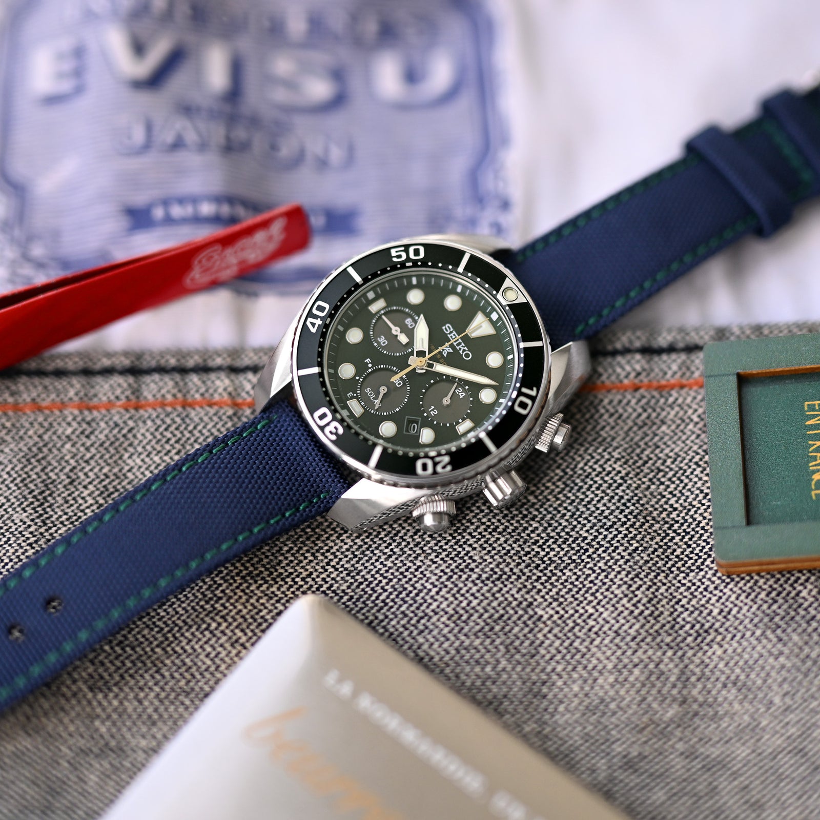 20mm Sailcloth Strap Navy Blue Quick Release Nylon Watch Band, Green Stitching Strapcode Watch Bands