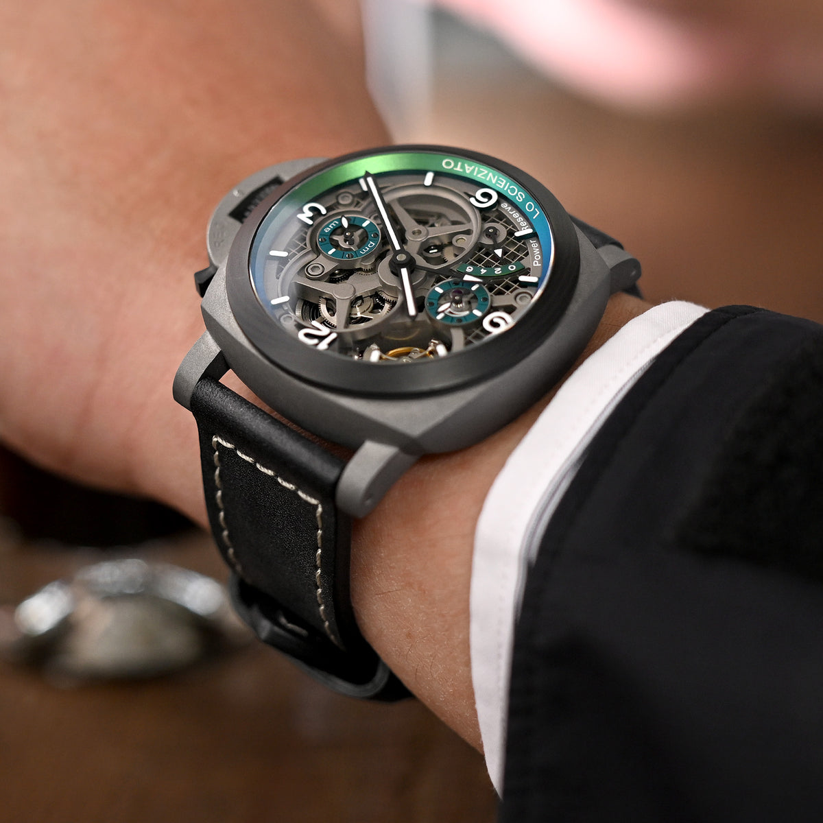 Pam Collection, Black French Crafted Barenia Leather Watch Strap for Panerai, Beige Stitching