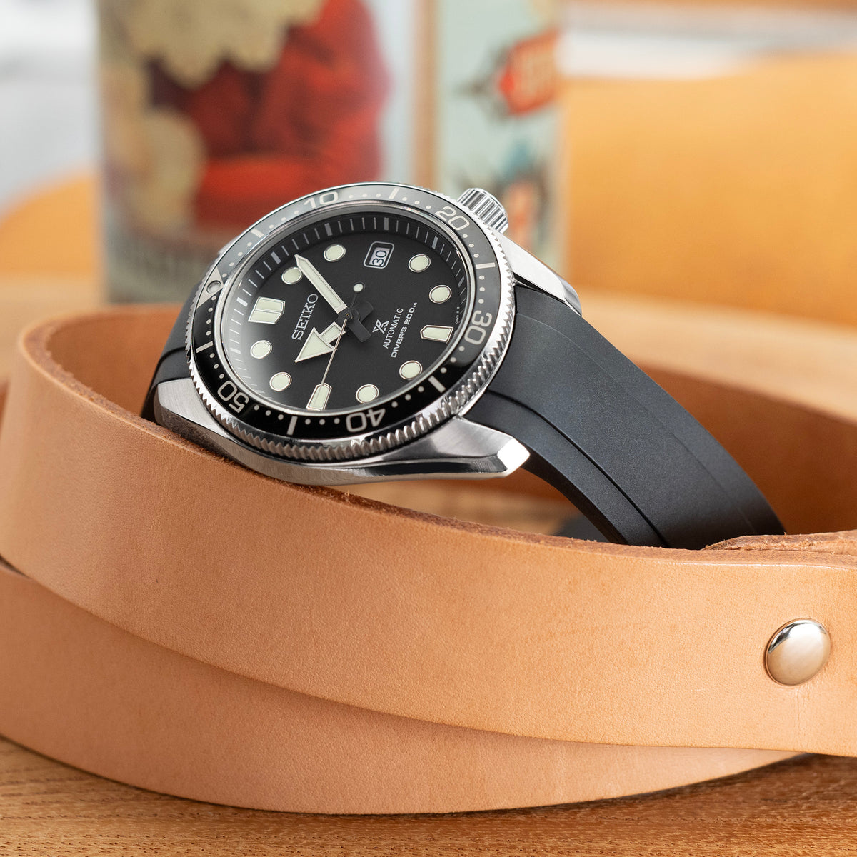 20mm Crafter Blue - Black Rubber Curved Lug Watch Strap compatible with Seiko Baby MM200 &amp; Mini Turtles