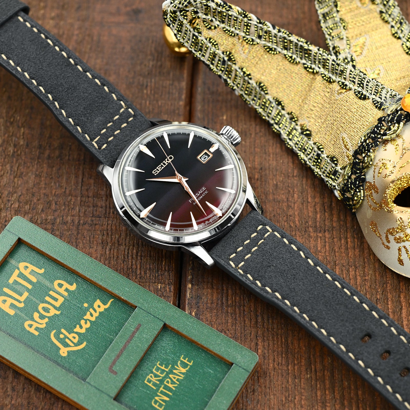 Charcoal Black Alcantara Fabric Quick Release Watch Band, Beige Stitching, 20mm, 21mm or 22mm