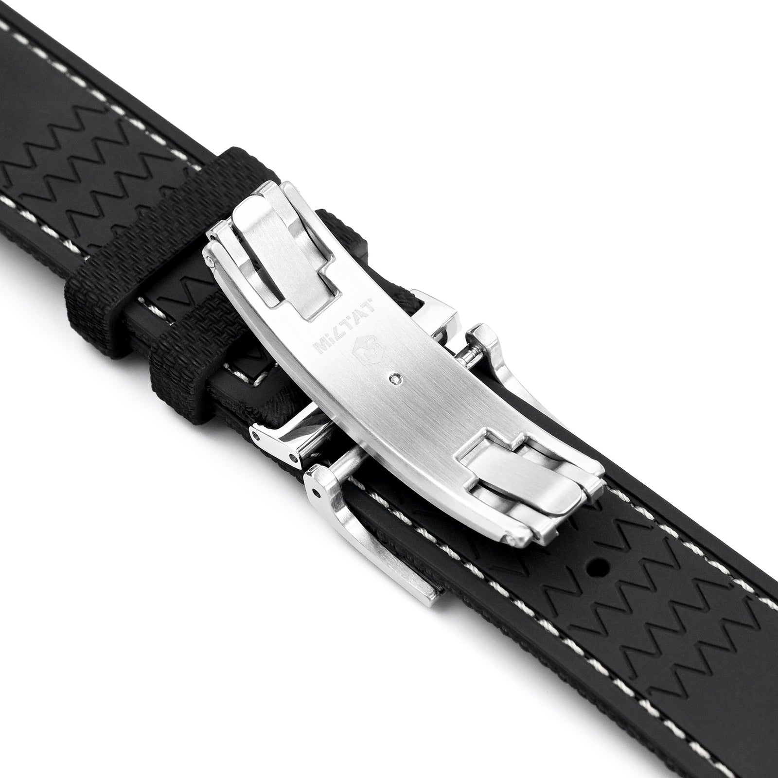 FKM39 Black Deployment FKM Rubber Watch Band Beige Stitch, 18mm to 23mm Strapcode watch bands