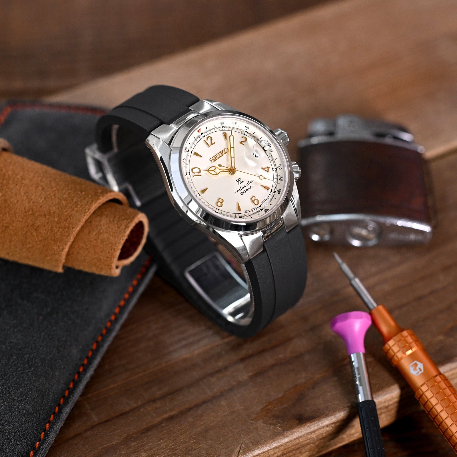 20mm Crafter Blue - MX03-117 Black FKM Rubber Strap With End Links compatible with Seiko Alpinist SARB017 Strapcode watch bands