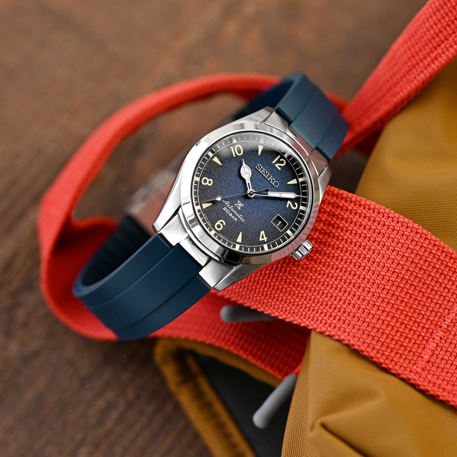 20mm Crafter Blue - MX03-117 Navy Blue FKM Rubber Strap With End Links compatible with Seiko Alpinist SARB017 Strapcode watch bands