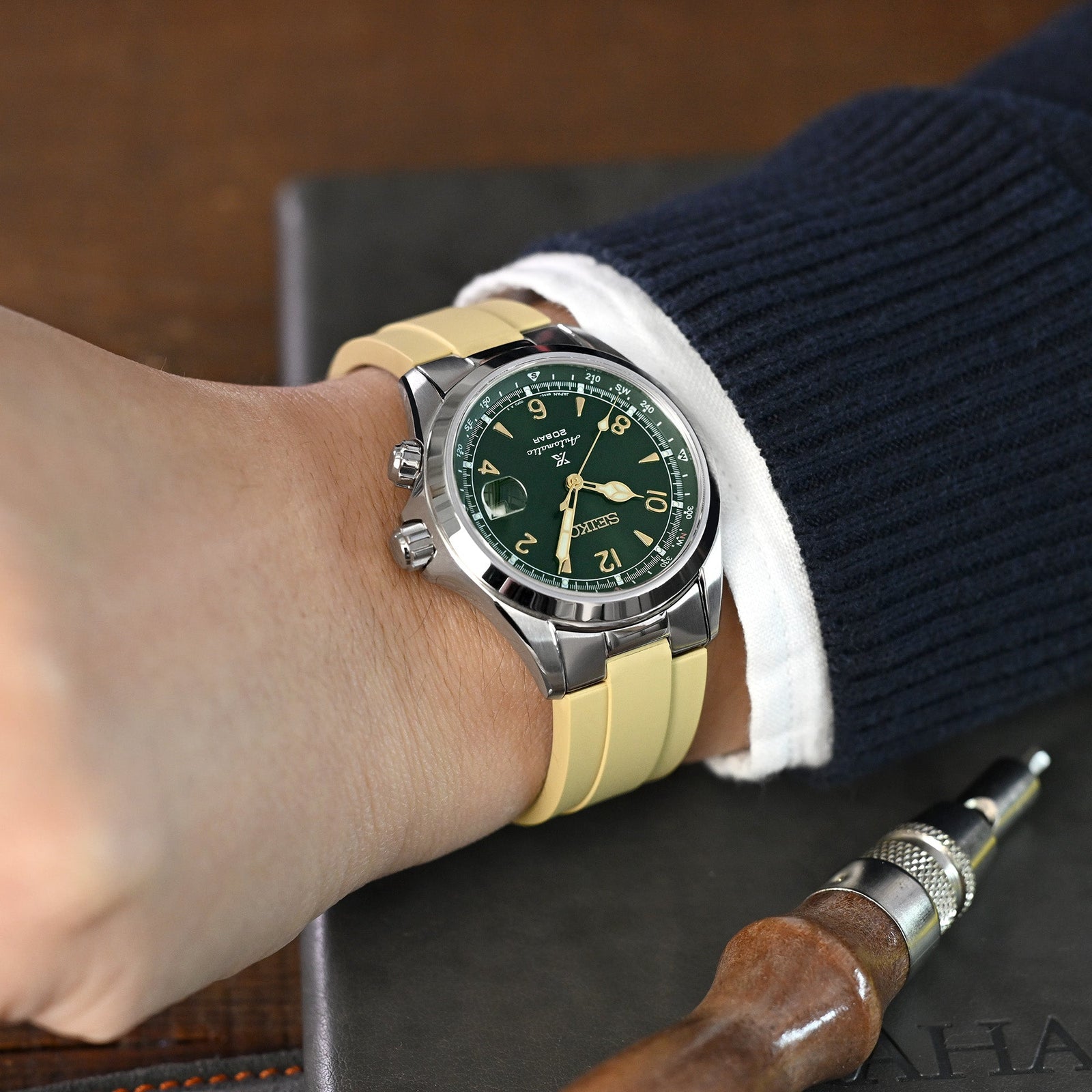 20mm Crafter Blue - MX03-117 Khaki FKM Rubber Strap With End Links compatible with Seiko Alpinist SARB017 Strapcode watch bands