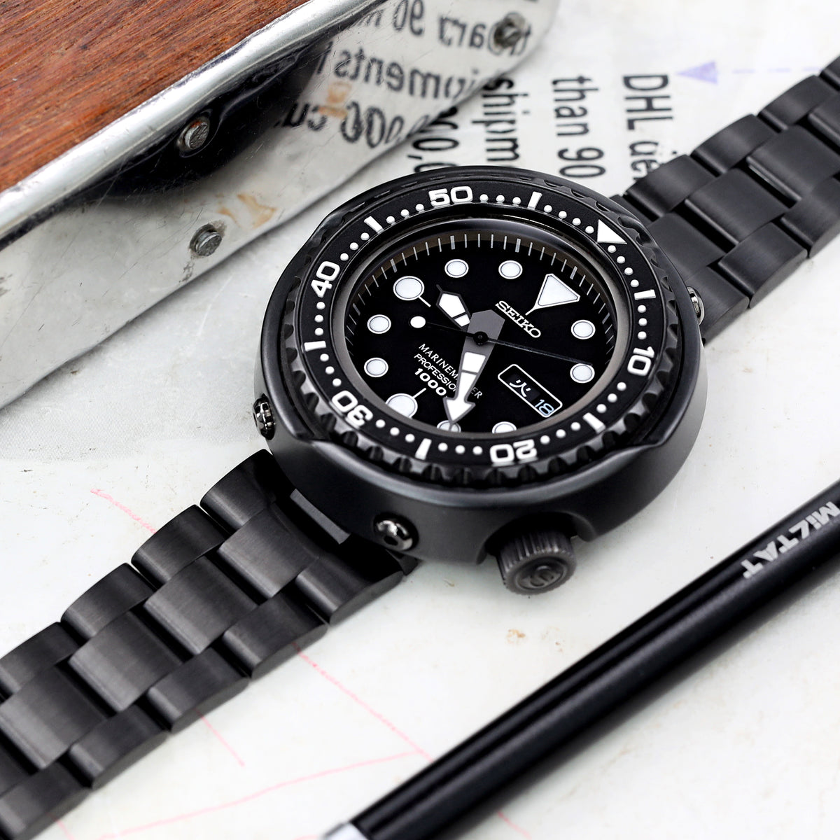 Correa Super-O Boyer de 21.5mm compatible con Seiko Tuna SBBN013, acero inoxidable 316L con recubrimiento DLC (Diamond-like Carbon) y cierre en V.