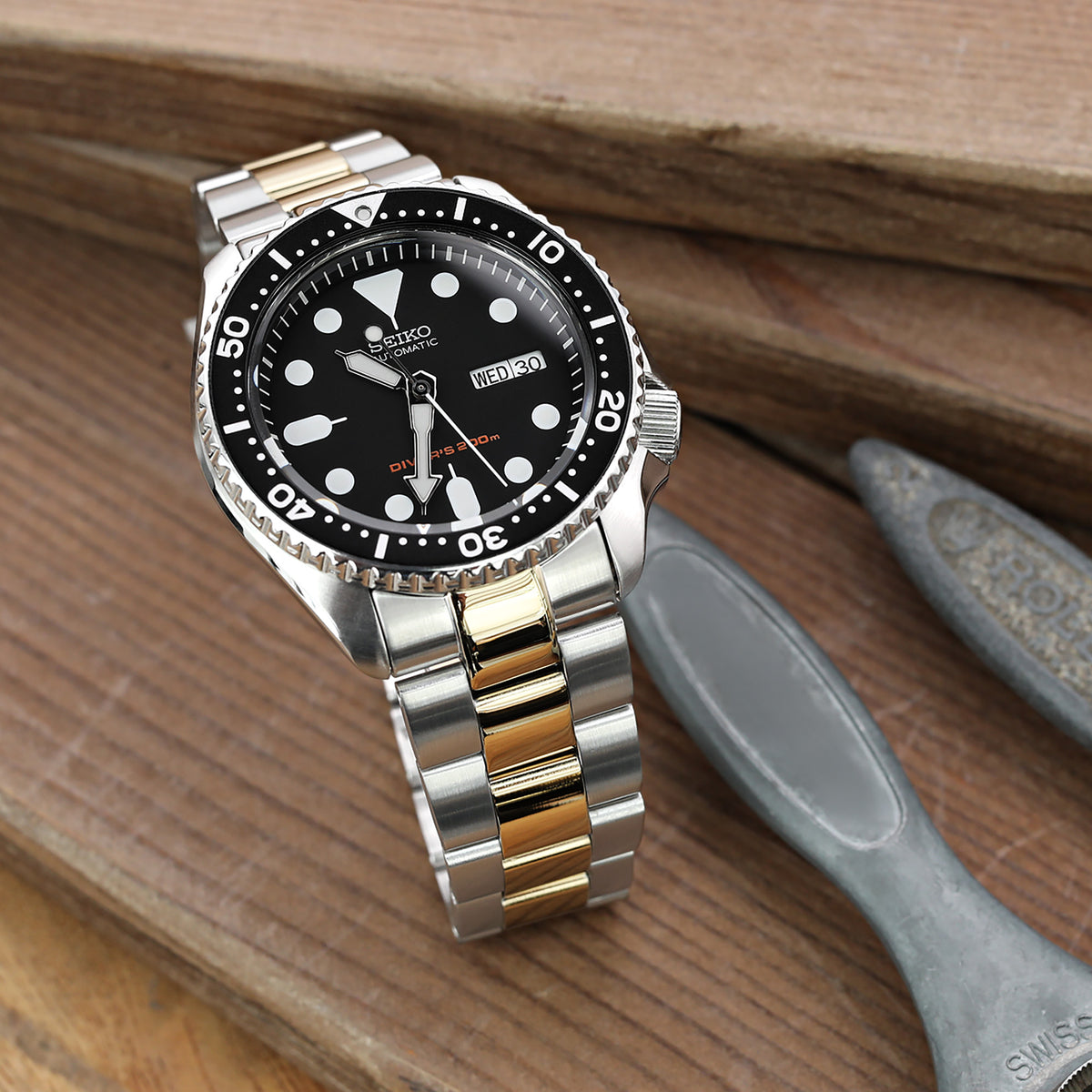 22mm Super-O Boyer Watch Band for Seiko SKX007 SKX009 SKX011, Stainless Steel - Two Tone IP Gold Polished Center Links, 18mm V Diver Clasp