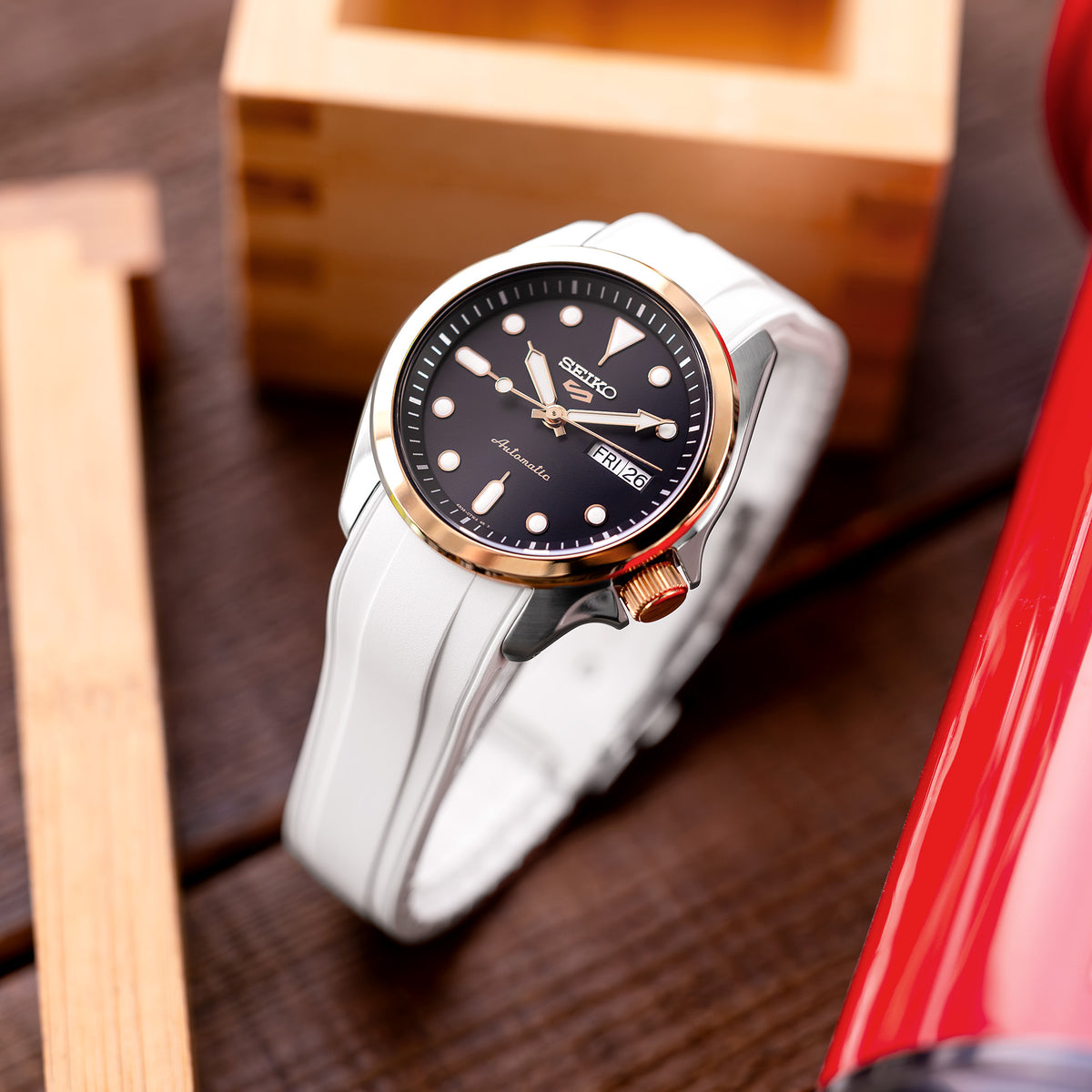 Seiko 5 Sports 40mm SRPE58K1 Black Dial Rose Gold Automatic Watch Strapcode watch bands