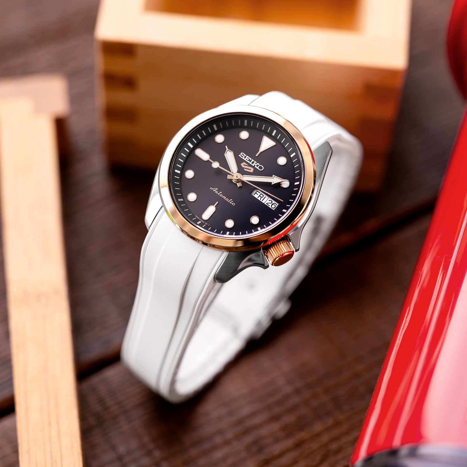 Seiko 5 Sports 40mm SRPE58K1 Black Dial Rose Gold Automatic Watch Strapcode watch bands