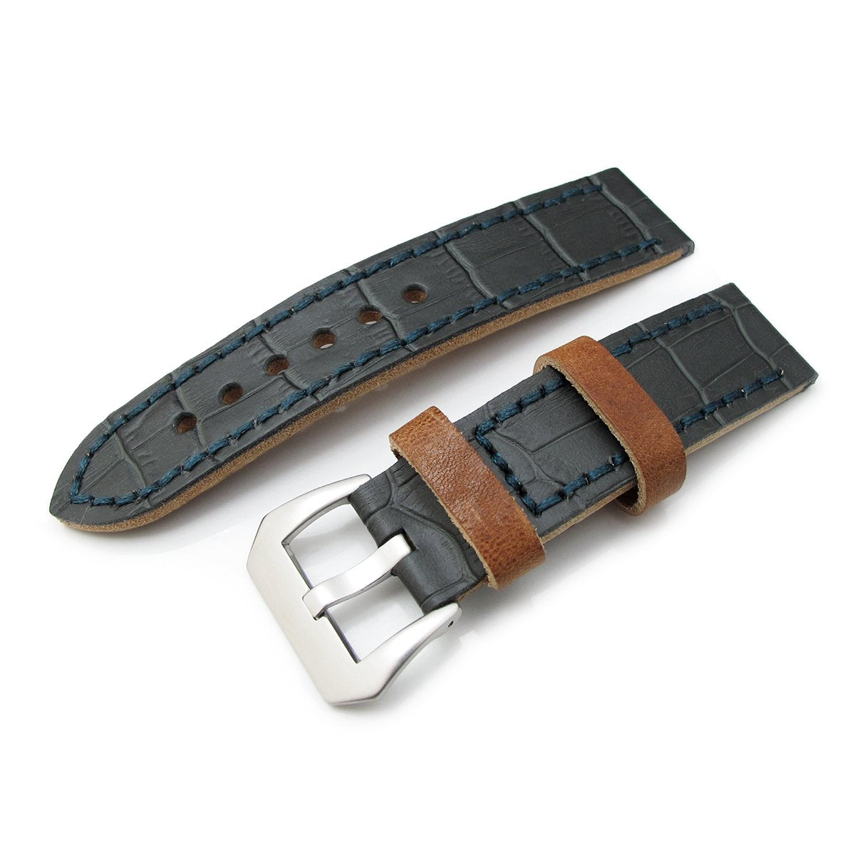 22mm MiLTAT Antipode Watch Strap Dark Grey CrocoCalf in Lake Blue Hand Stitches Strapcode Watch Bands