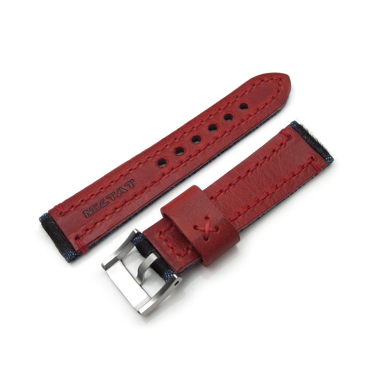 22mm MiLTAT Zizz Collection Brown Fur &amp; Calf Watch Strap Red Wax Hand Stitching Strapcode Watch Bands