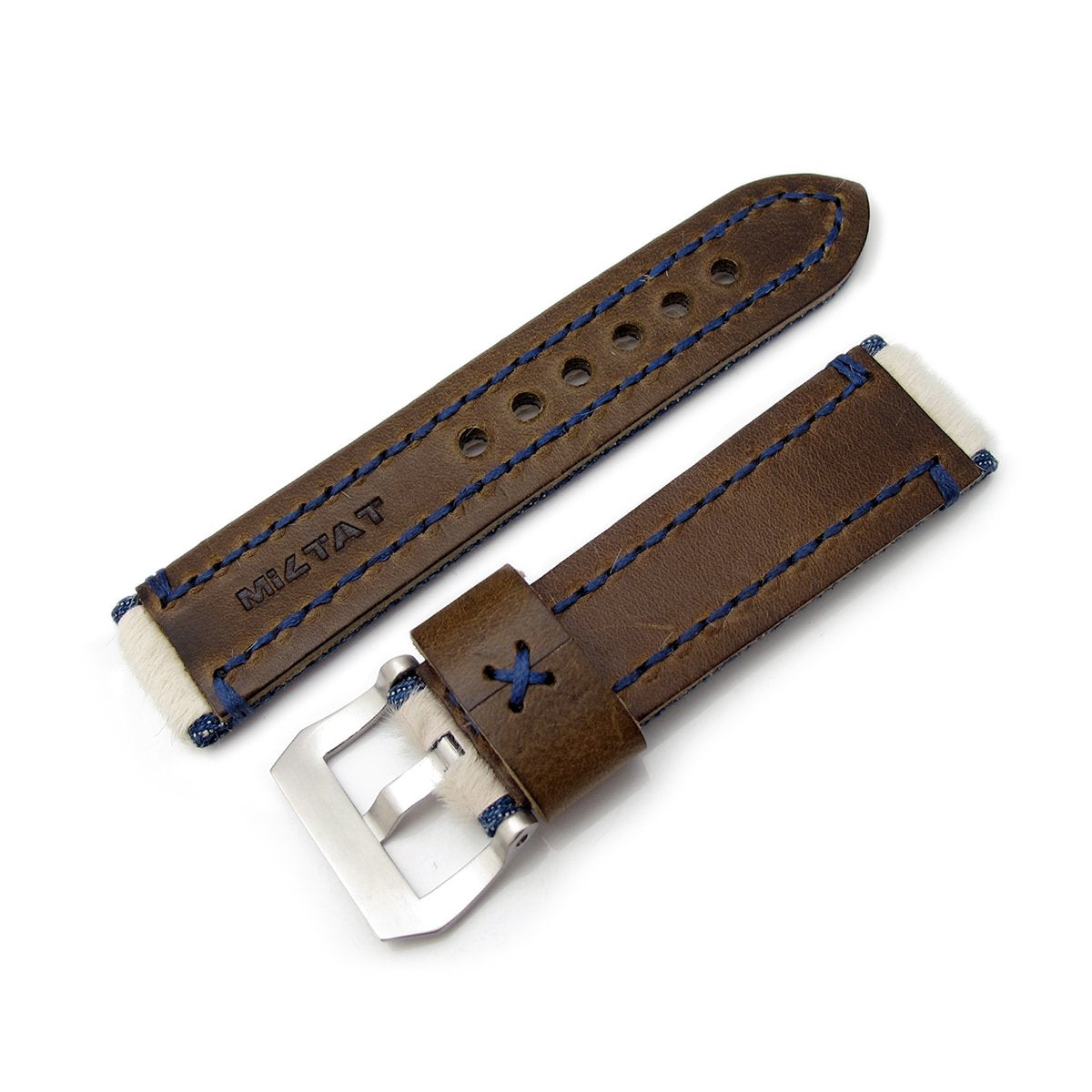24mm MiLTAT Zizz Collection Beige Fur &amp; Calf Watch Strap Blue Wax Hand Stitching Strapcode Watch Bands