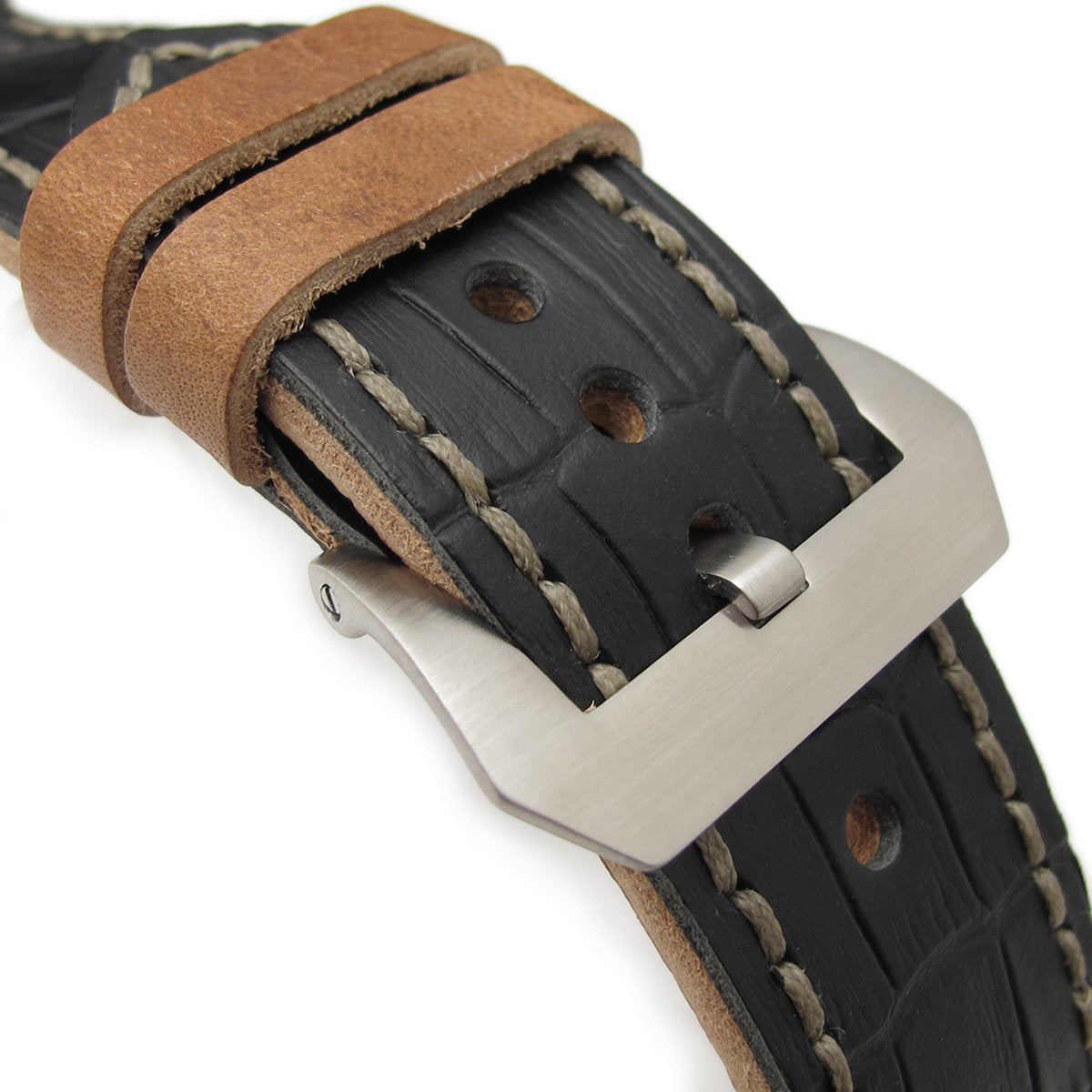 26mm MiLTAT Antipode Watch Strap Matte Black CrocoCalf in Grey Hand Stitches Strapcode Watch Bands