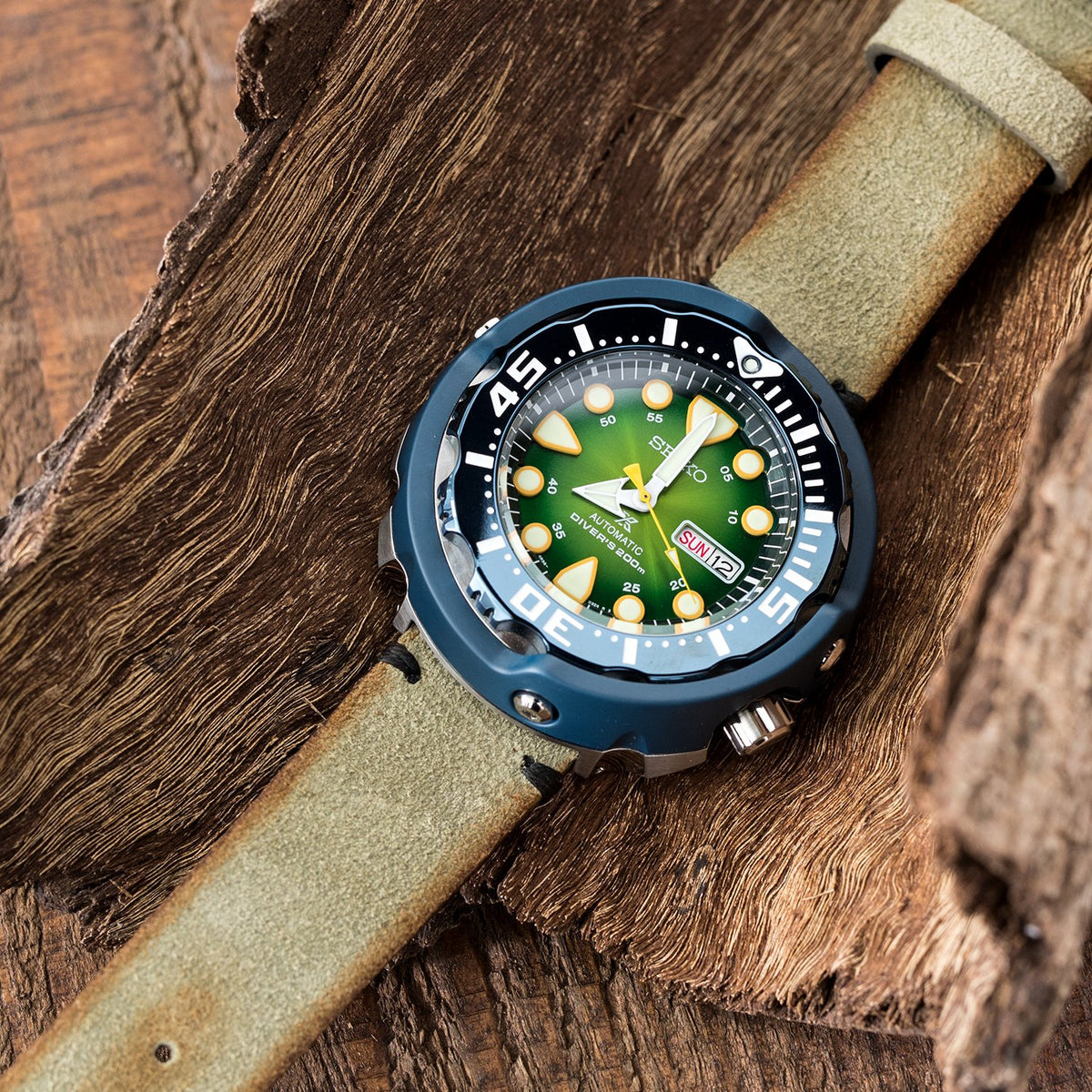 Seiko Prospex 200m Diver Tuna Limited Edition Automatic Watch SRPA99K1 Demo on Suede leather Strapcode Watch Bands