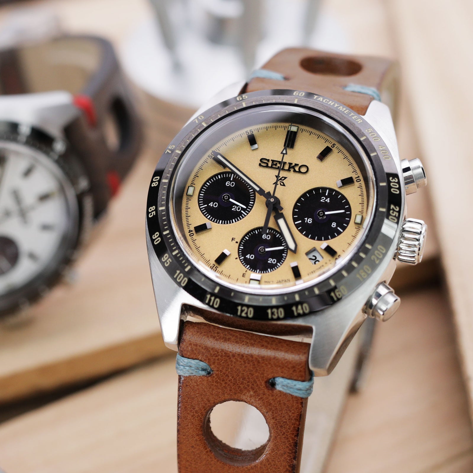 Q.R. 22mm Brown Leather Italian Handmade Racer Watch Band, Blue St. Strapcode Watch Bands