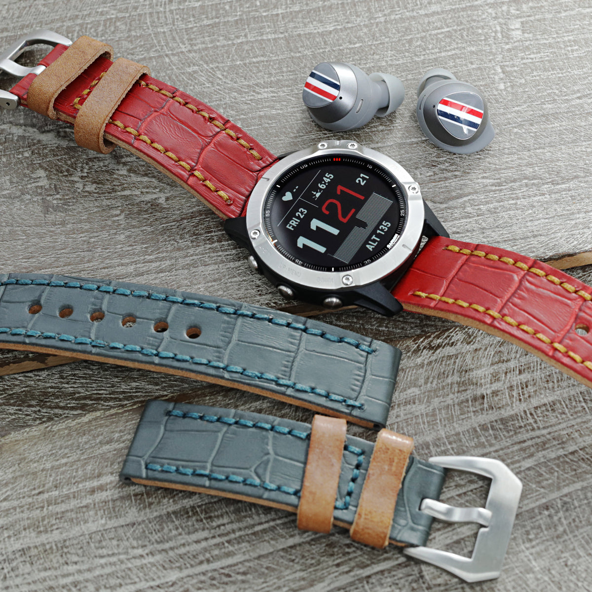 22mm MiLTAT Antipode Watch Strap Dark Grey CrocoCalf in Lake Blue Hand Stitches