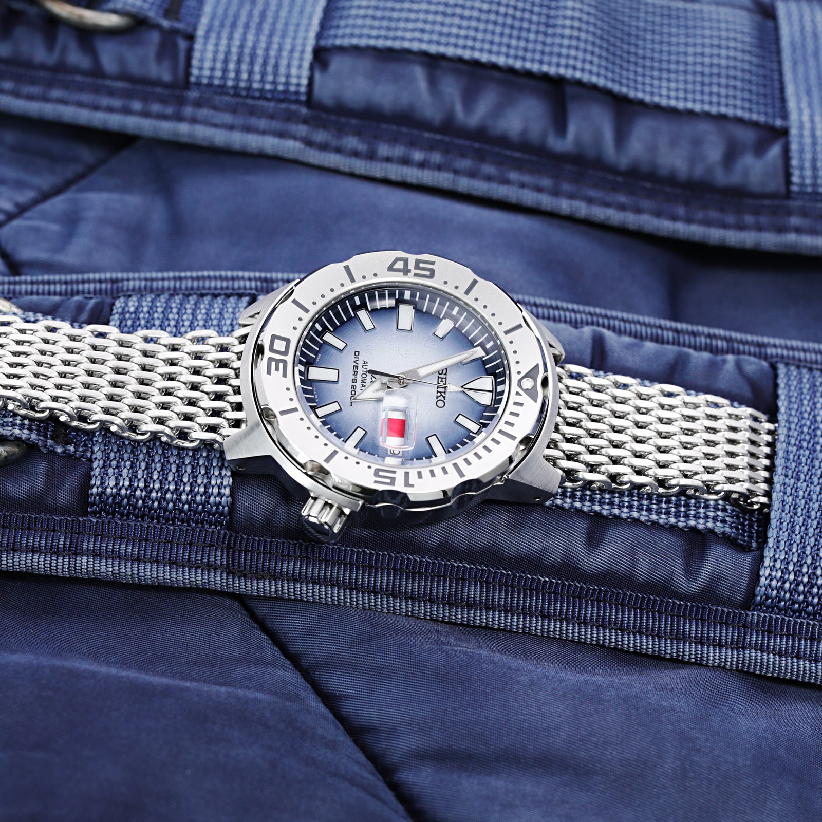 20mm Tapered "SHARK" Mesh Band Stainless Steel Watch Bracelet V-Clasp Polished Strapcode Watch Bands