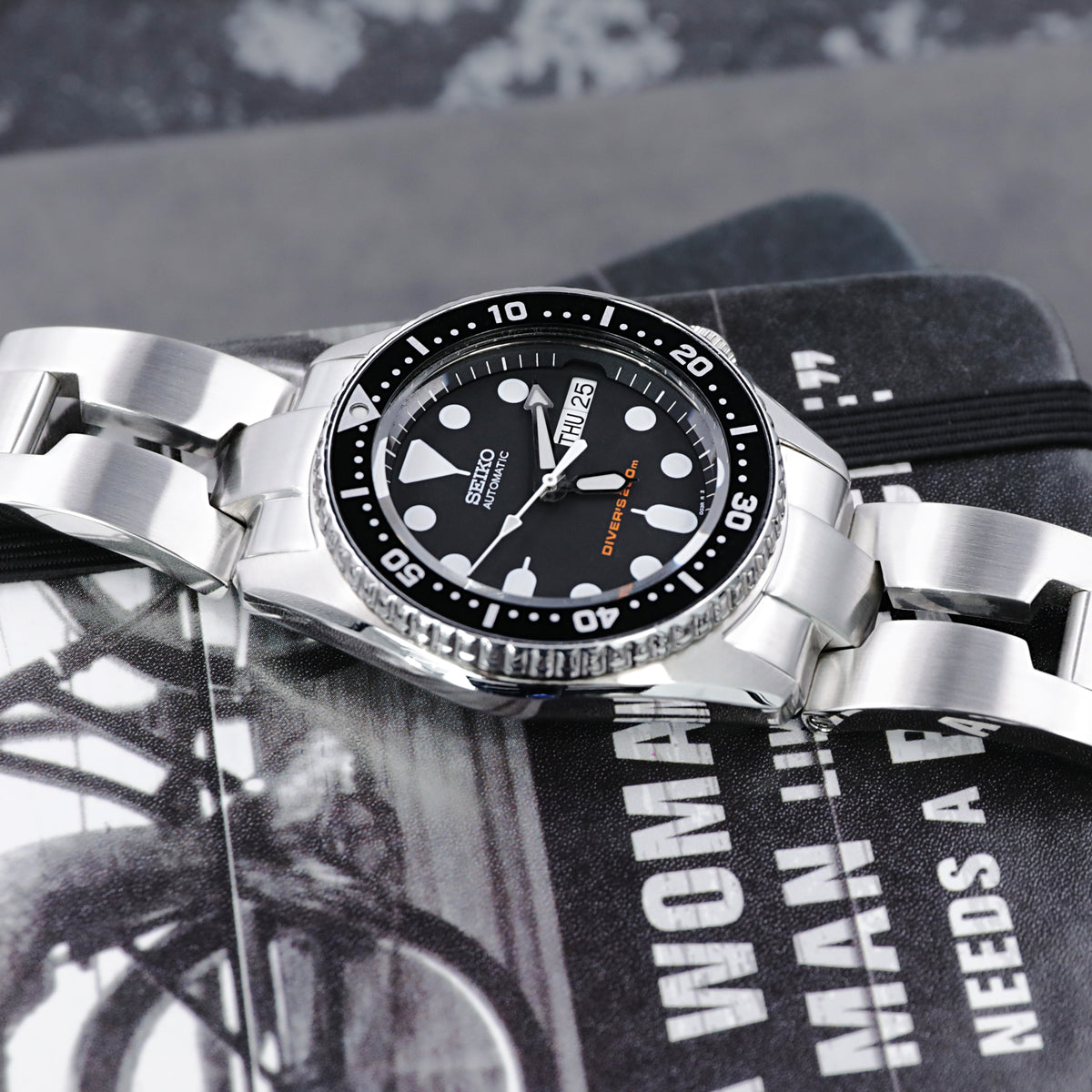 20mm Retro Shaver Blade Watch Band compatible with Seiko SKX013, 316L Stainless Steel Brushed V-Clasp